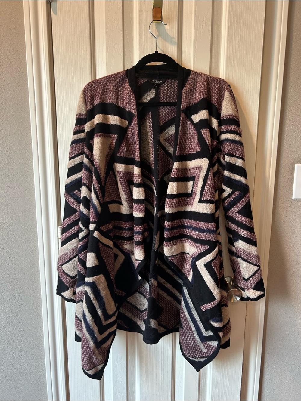 Lucky Brand Black, Cream & Purple Geometric Open-Front Cardigan